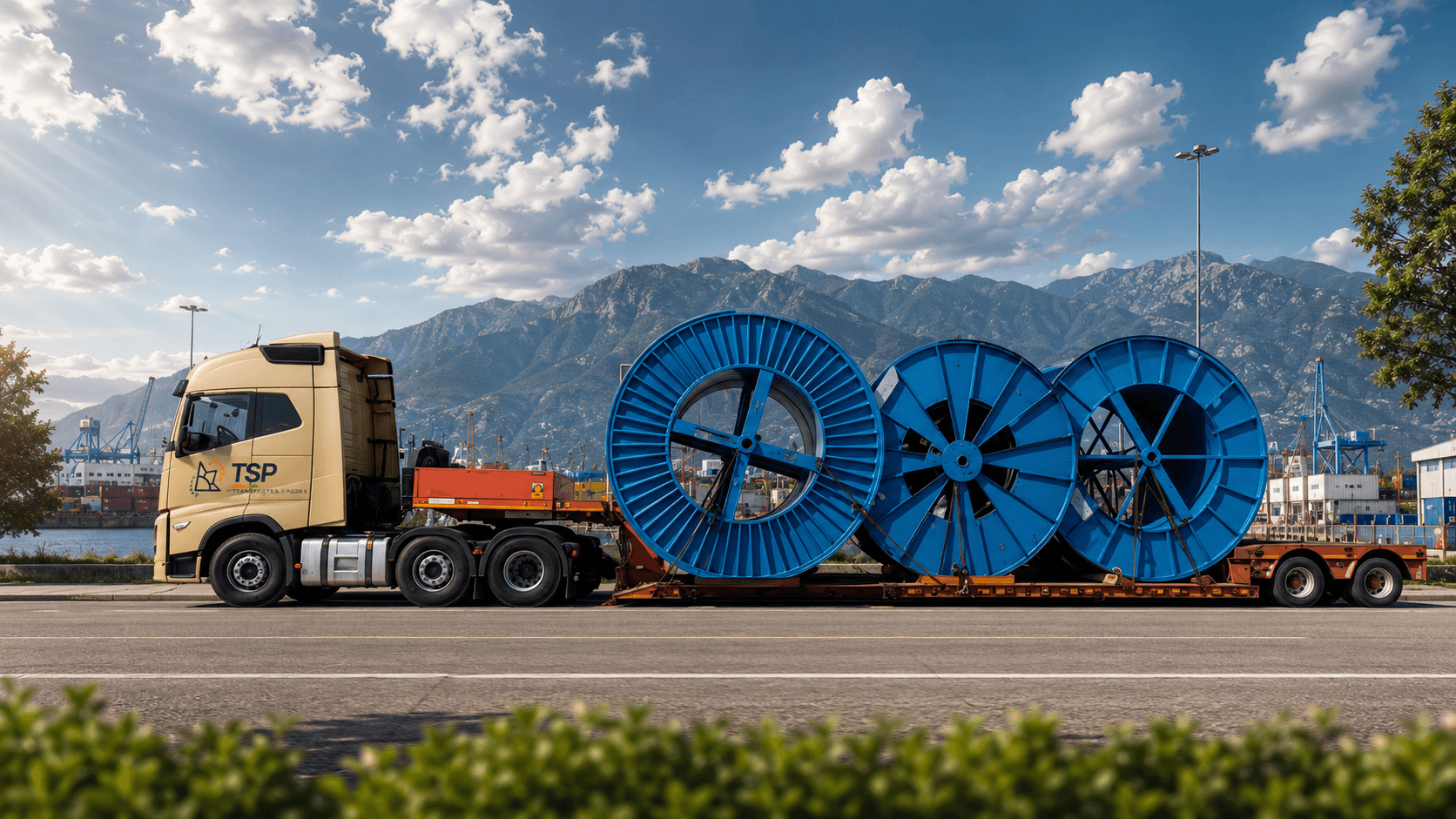 Góndola TSP transportando tres grandes bobinas industriales